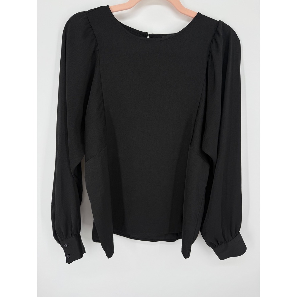 Banana Republic Blouse Women Small Black Puff Sleeve Button Cuff Keyhole Back